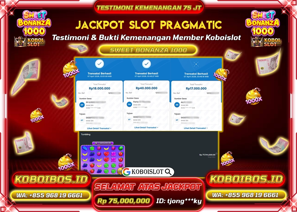 BUKTI KEMENANGAN SLOT SWEET BONANZA 1000 Rp75.000.000,- LUNAS